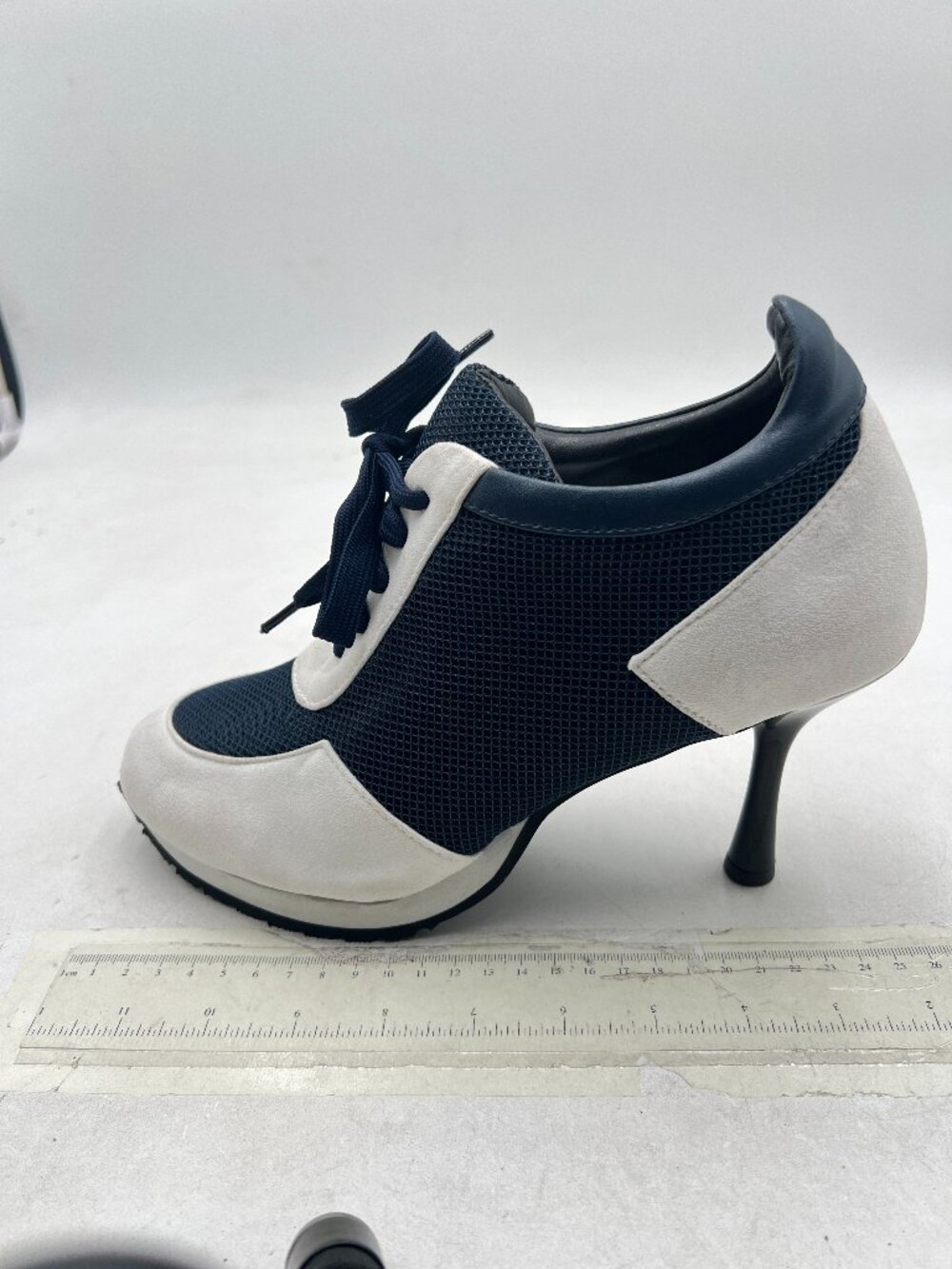 White and Navy Lace Up Mesh Pumps Round Toe Sneaker Heels Chic Sporty Shoes